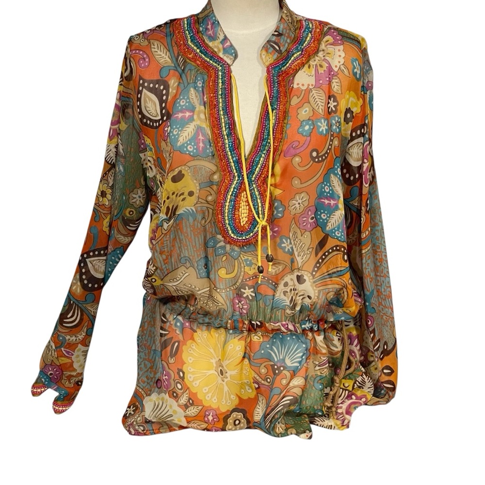 NWT Barbara Gerwit Multicolor Floral Beaded Sheer Bathing Suit Coverup Tunic 2XL